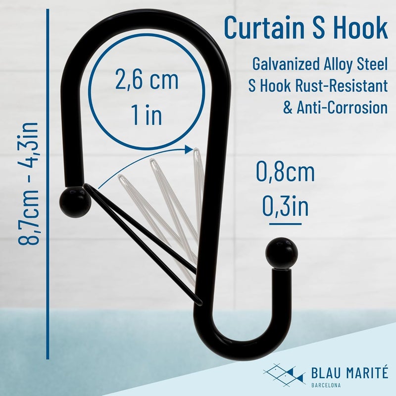 Blau Marité Set of 12 Black Metal S Hook Shower Hooks 1” – Closed, Heavy Duty, Long Decorative Shower Curtain Hooks, Easy Glide, Buckle, Large Rust Resistant Rings for Bathroom Rods (Black, S) - Image 3